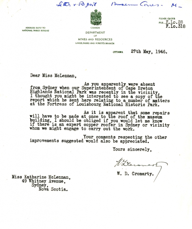 Letter from W.D. Cromarty to Katharine McLennan